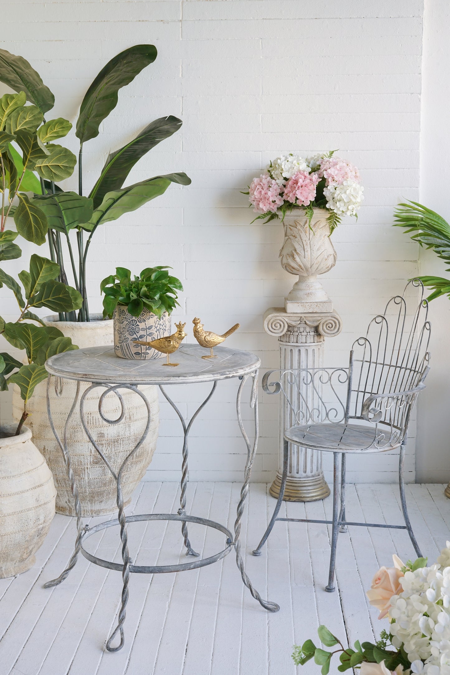 23x22x38" Distressed Silver Finish Iron Accent Chair, French Country Armchair, Outdoor Garden Seating