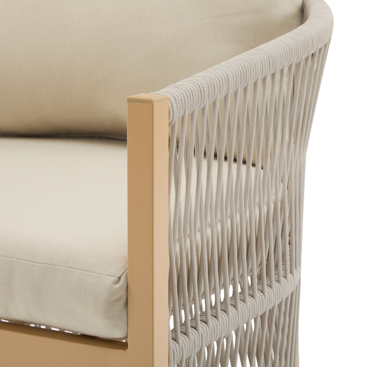 Modern Beige Curved Aluminum Lounge Chair with Stylish Rope-Weave Design and Cushioned Comfort, Perfect for Outdoor Living