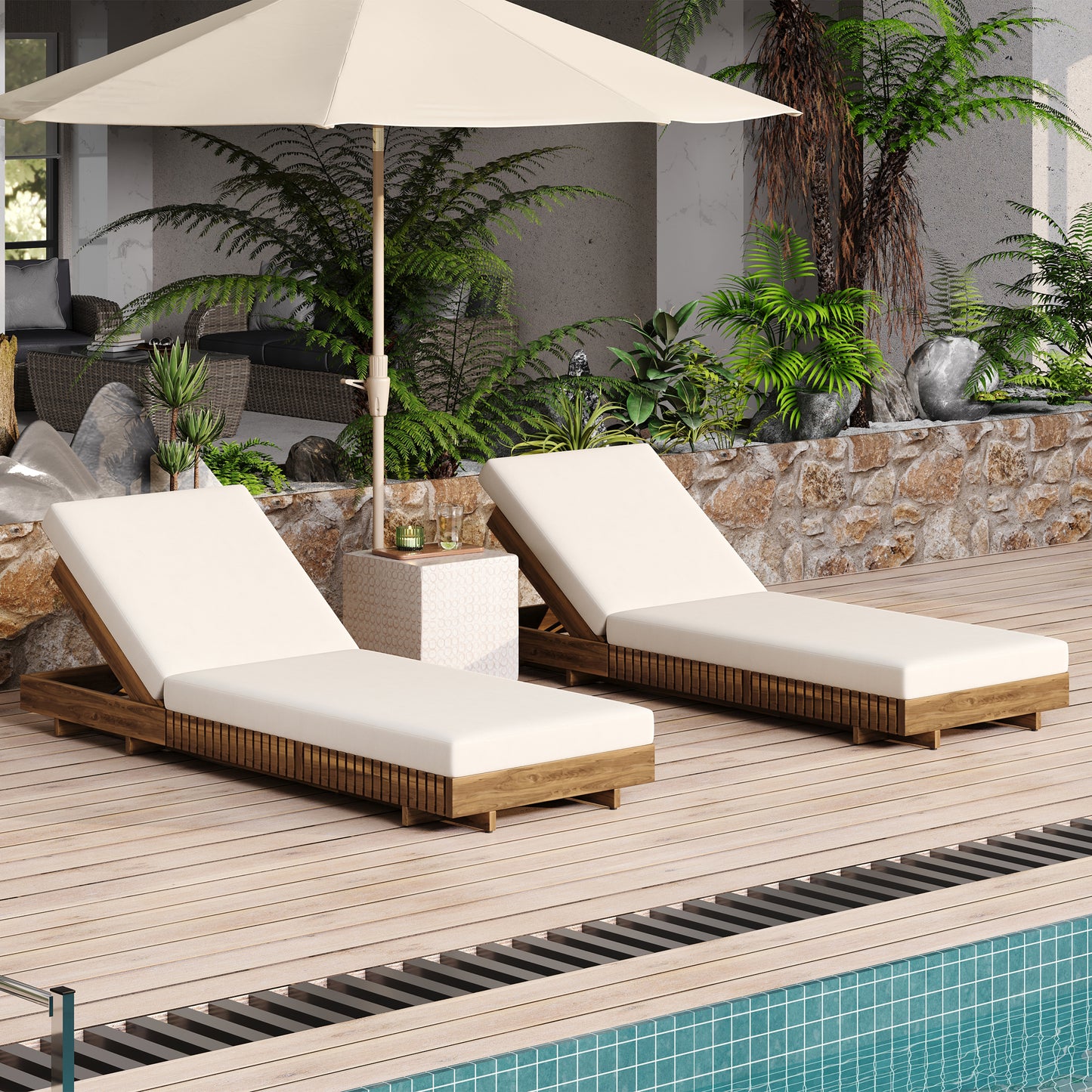LOUNGE CHAISE SET, ACACIA SOLID WOOD WITH  LOUNGE CUSHION (Cream) - Matching Dark Grey Version Available