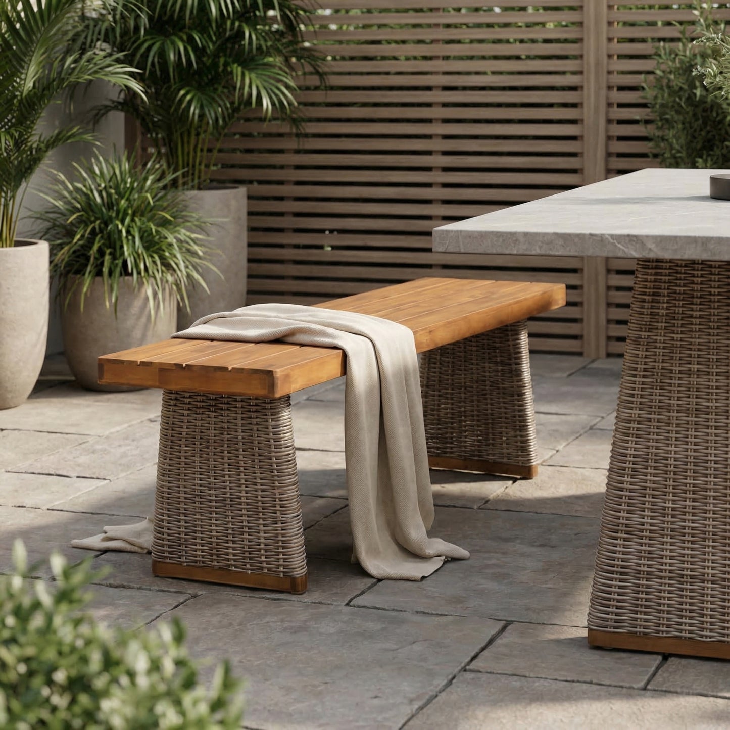 Outdoor 1pcs Acacia Wood Bench,Teak Finish+ Brown Wicker