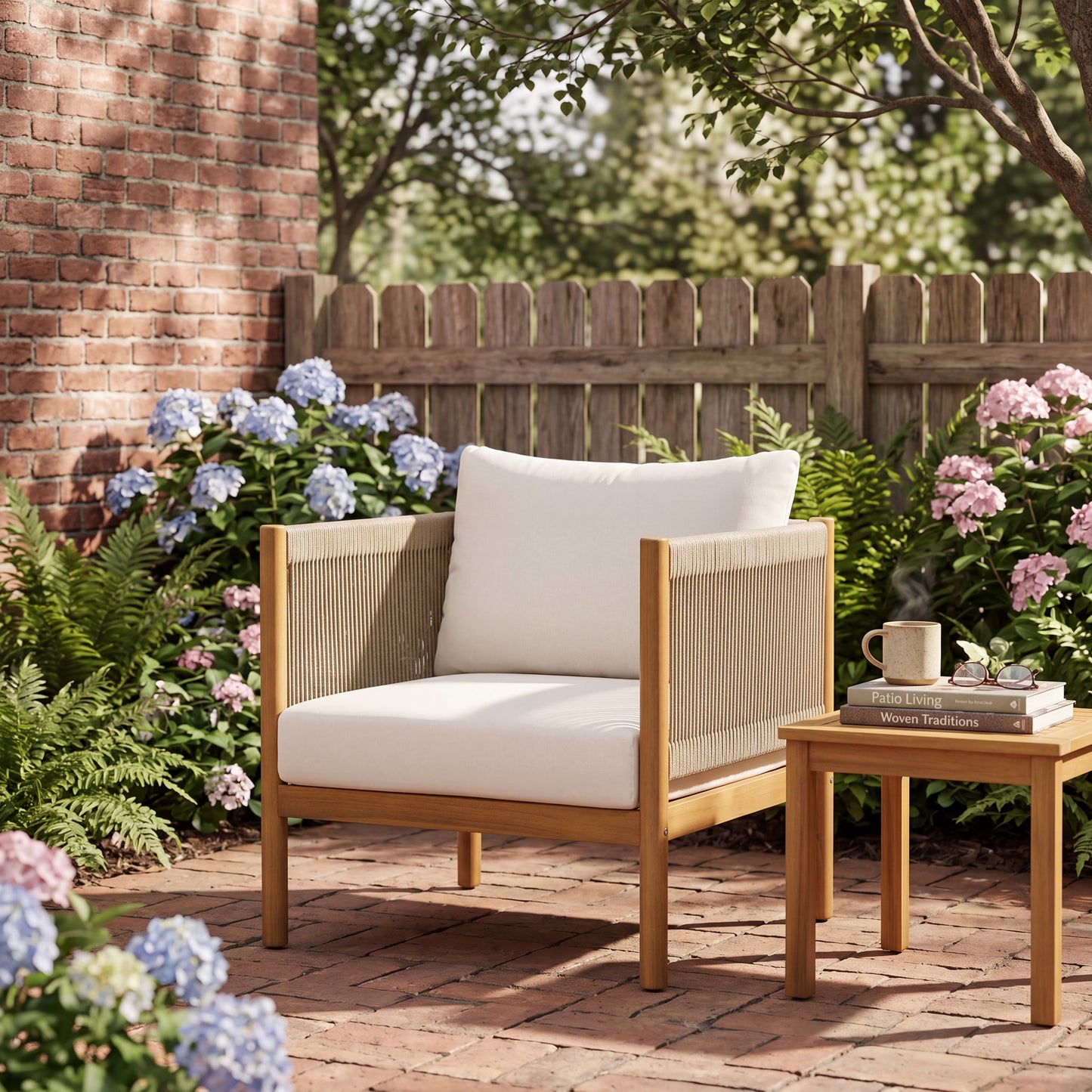 Outdoor Club Chair with Acacia Wood Frame in Teak Look, Beige Rope Panels and Cream Cushions