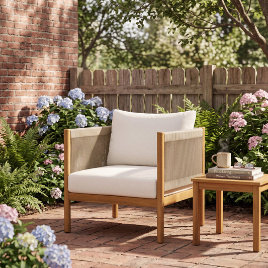 Outdoor Club Chair with Acacia Wood Frame in Teak Look, Beige Rope Panels and Cream Cushions