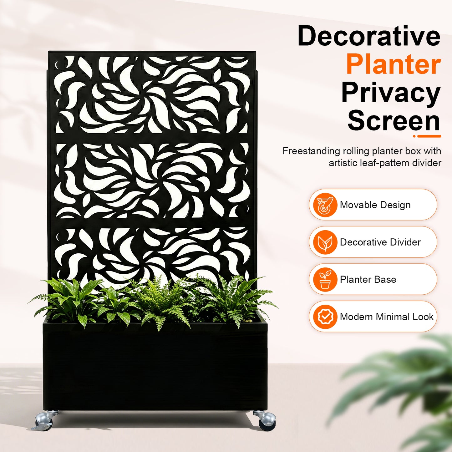 70.87" H × 46.06" W Leaf Pattern Privacy Screen with Planter Box, Black Metal Freestanding Decorative Fence Planter for Patio Balcony Backyard