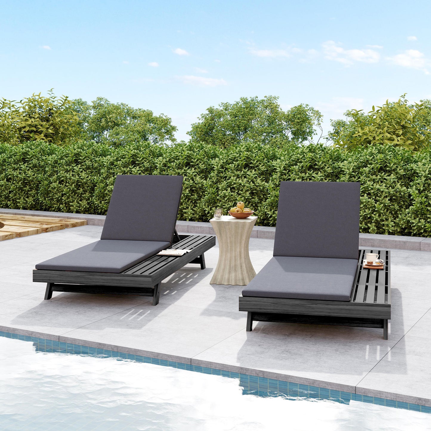 Lounge Chaise Set, Space Available On One Side, Acacia Wood In Black With Water-Resistant Lounge Cushions (Dark Grey & 2 Inch Thick) – Matching Cream/Leaf Coconut Version Available