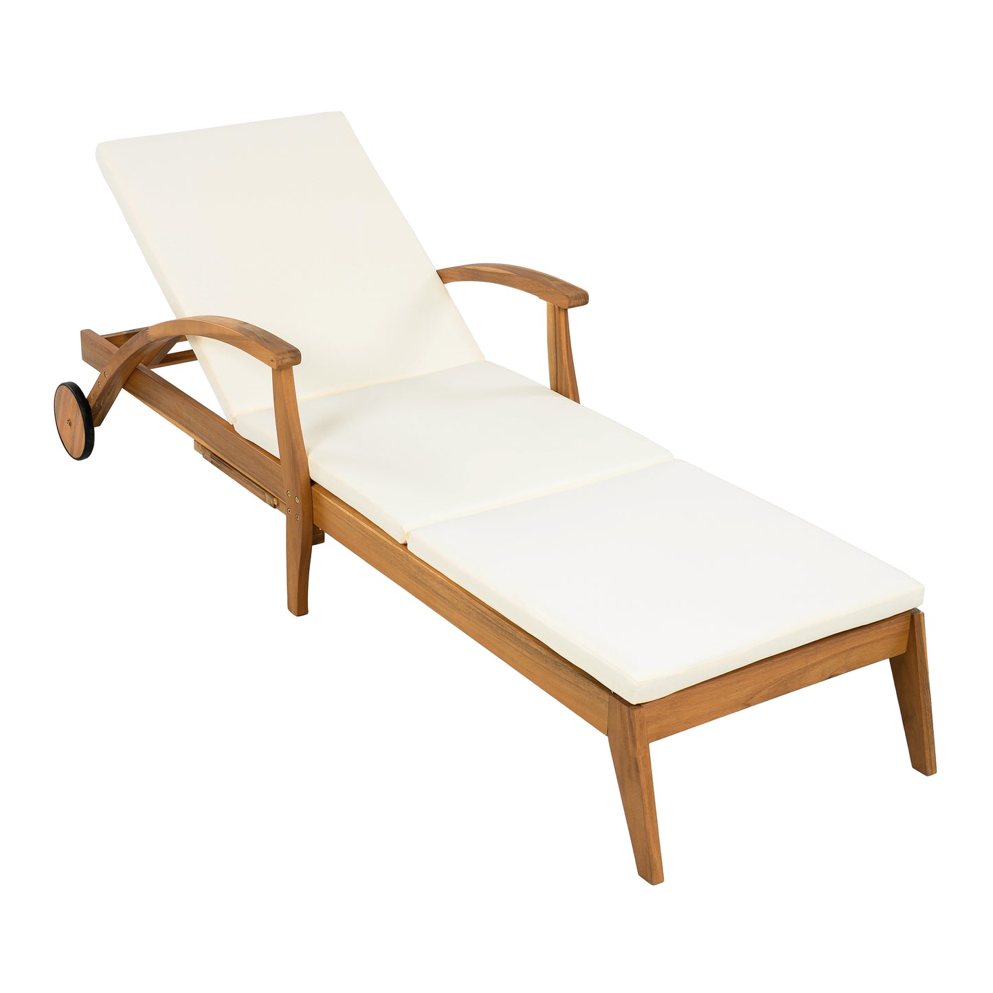 CHAISE LOUNGE WITH WHEEL - ACACIA WOOD RECLINER FOR PATIO/GARDEN, WITH 2INCH WHITE CUSHION, 4-POSITION ADJUSTABLE BACKREST, VERSATILE OUTDOOR FURNITURE