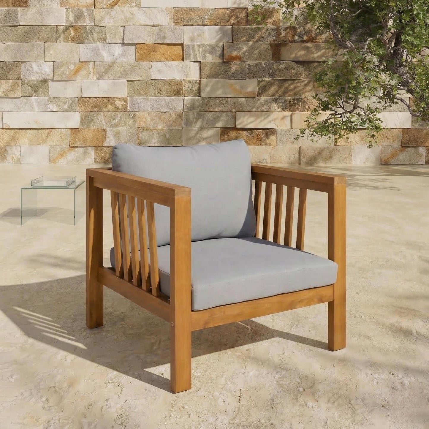 Outdoor Acacia Wood Club Chair with Modern Square Arms, Patio Chair with Thick Cushion, Adjustable Leveling Feet for Poolside, Backyard & Deck, Grey Cushion