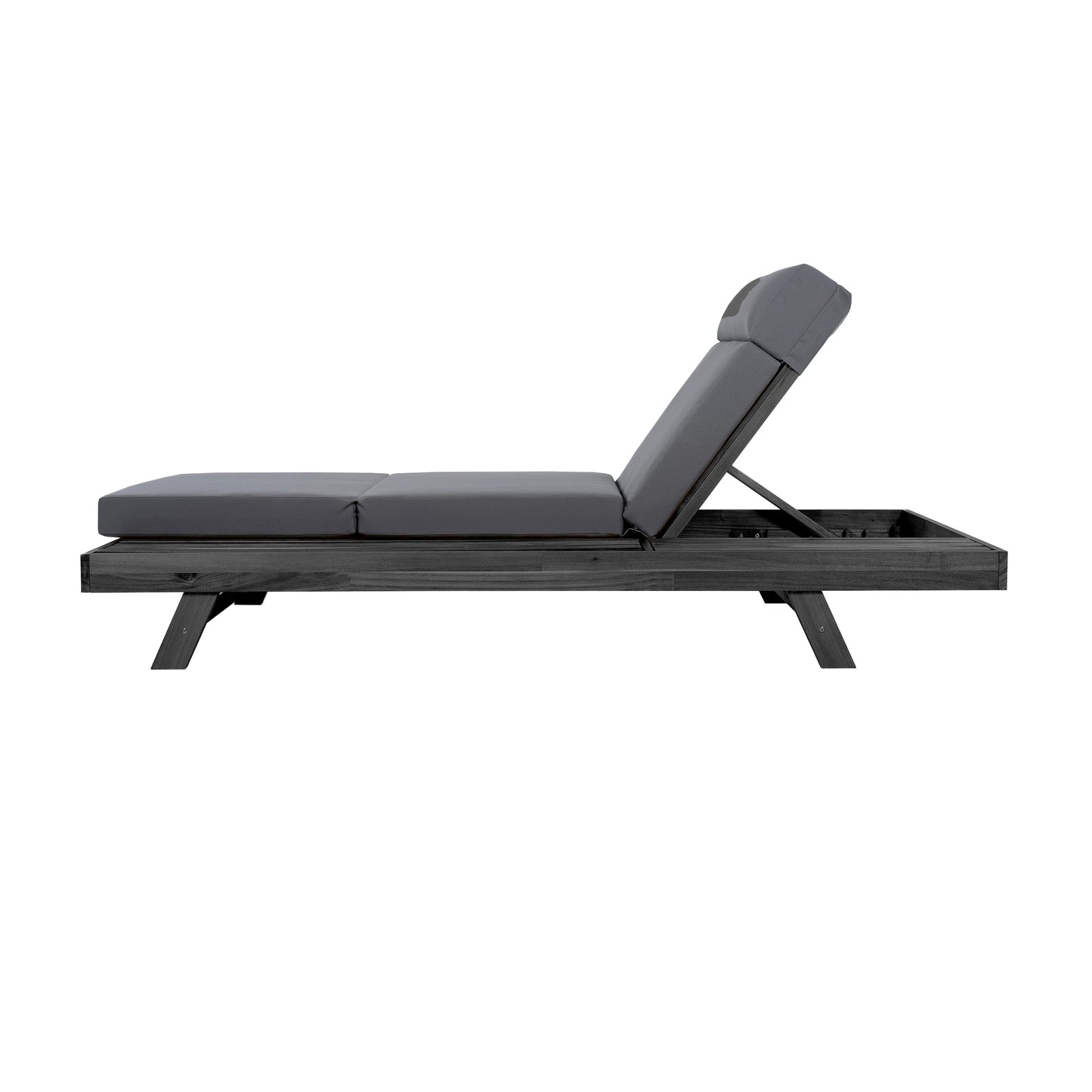 Lounge Chaise Set With Headrest, Space Available On One Side, Acacia Wood In Black With Water-Resistant Lounge Cushions (Dark Grey & 3-Fold & 4 Inch) – Matching Cream/Beige Version Available