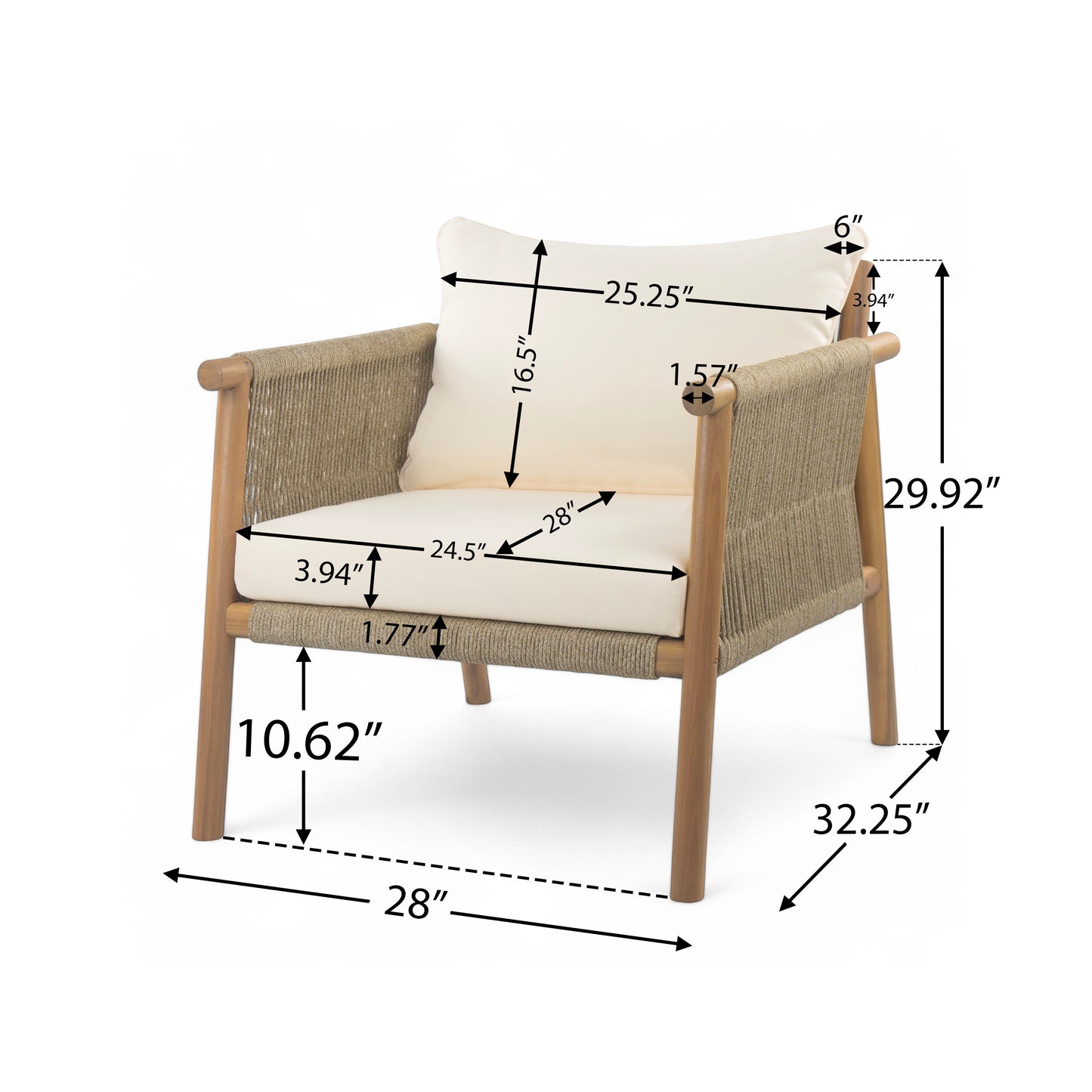 28" Modern Outdoor Woven Lounge Chair with Solid Wood Frame and Comfortable Polyester Cushions, Perfect for Patio, Garden, or Balcony