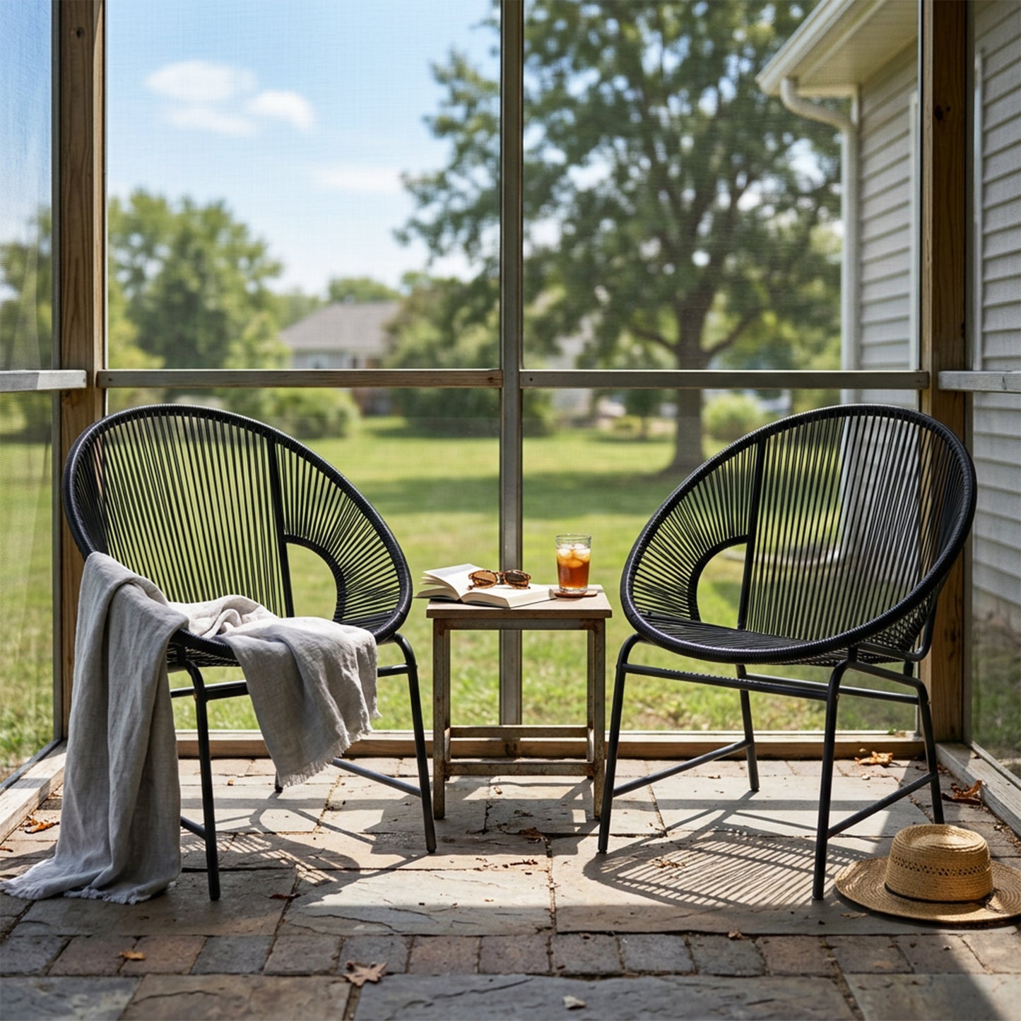 NUSA OUTDOOR PATIO WICKER CHAIR, BLACK PE RATTAN & IRON FRAME, SET OF 2