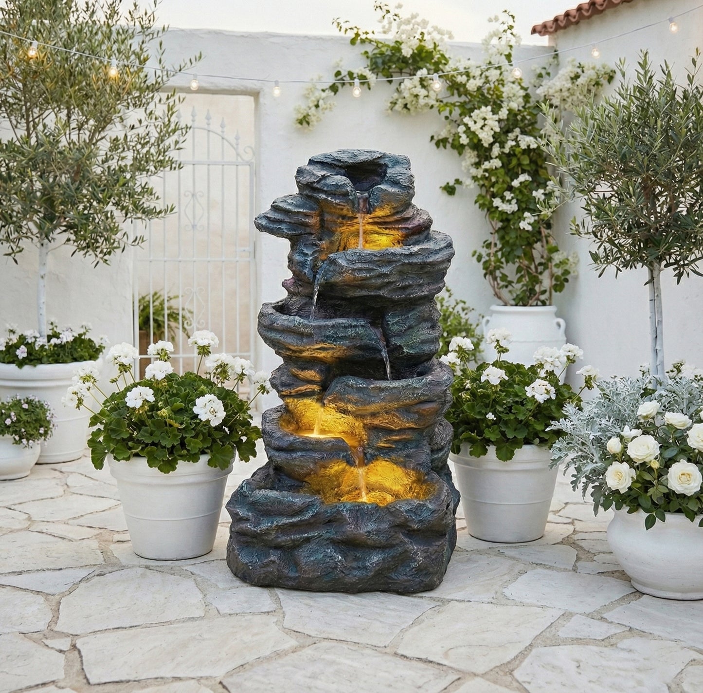 6-Tier Outdoor Cascading Stone Water Fountain with 3 LED Lights, Freestanding Led Fountain Decor for Garden, Patio, Yard & Deck, Natural Rock Appearance