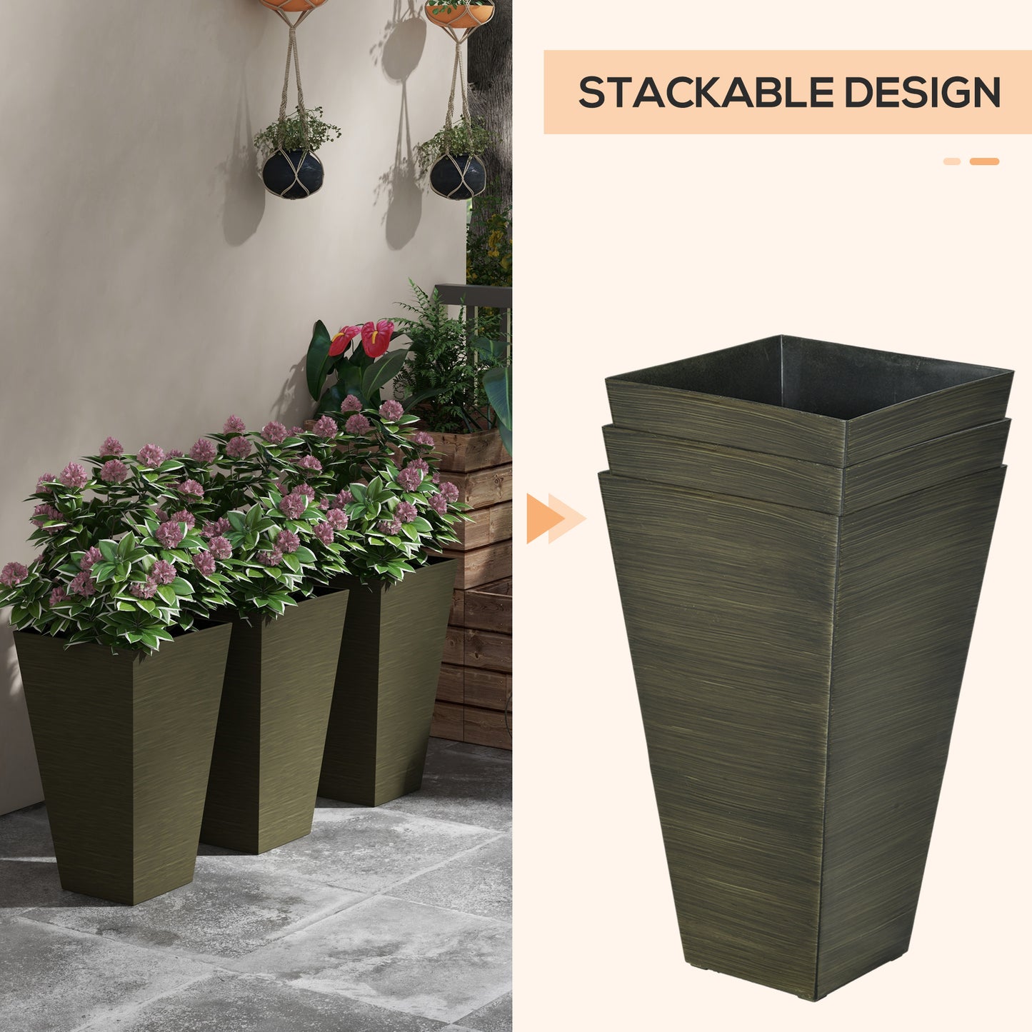 Outsunny 28" Tall Outdoor Planters, Set of 3 Large Taper Planters with Drainage Holes and Plug, Faux Wood Plastic Flower Pots for Outdoor, Indoor, Garden, Patio, Dark Brown
