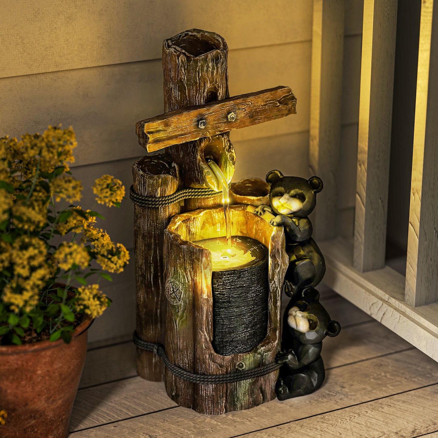 Outsunny 22.8" Outdoor Water Fountain, 3-Tier Floor Standing Resin Bears on Log Waterfall Fountain with LED Lights, Pump