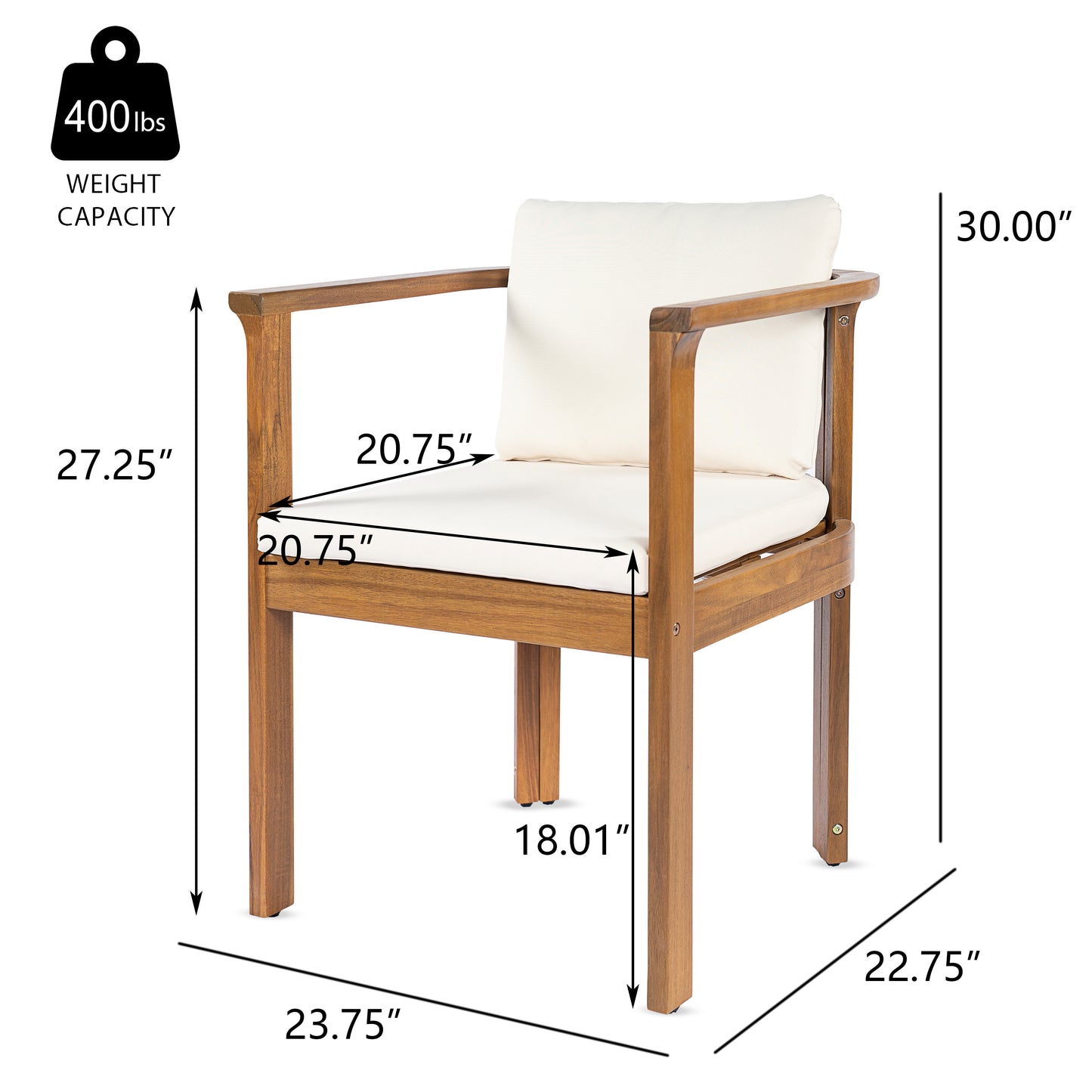 Outdoor Dining Chair Set of 2 with Curved Acacia Wood Arms, Teak Finish and Cream Cushions