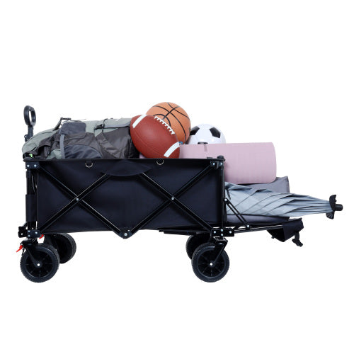 Foldable Wagon with Extended Tailgate, Extra Long Extender Wagon Cart,Beach Wagon Cart Heavy Duty 400LBS with Large All-Terrain Beach Wheels, Black