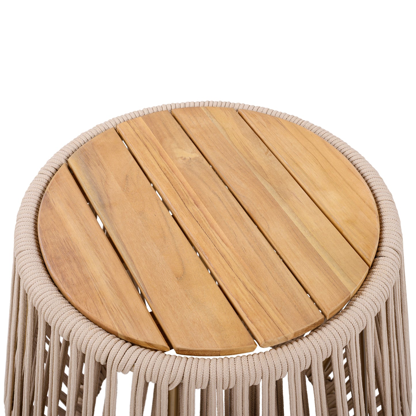 Acacia Wood Side Table with Beige Rope Base - Light Teak Finish, Modern Coastal Accent for Patio, Garden, Balcony & Indoor Use
