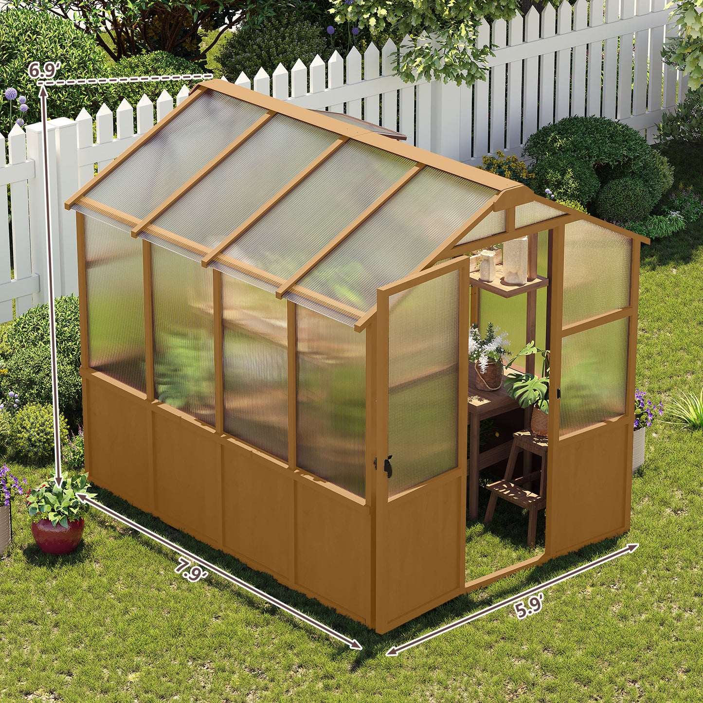 6x8 FT Greenhouse, Wooden Walk-in Greenhouse for Outdoors with 6MM Thick Polycarbonate Panel and Adjustable Roof Vents, Garden Backyard, Patio, Lawn, Wood Colour