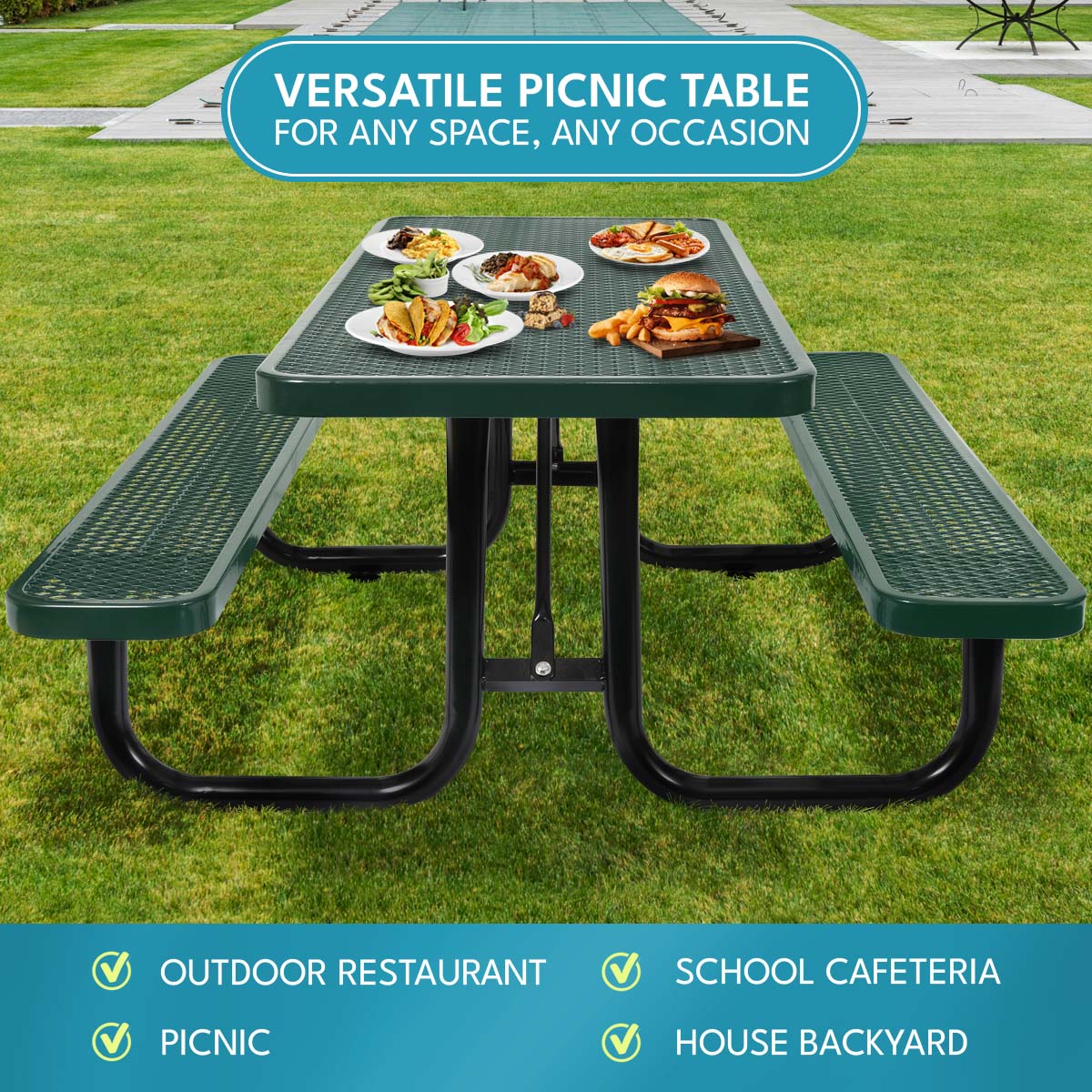 6 ft. Rectangular Outdoor Steel Picnic Table with umbrella pole in Green