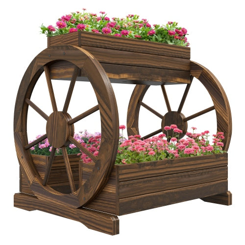 Outsunny 2-Tier Raised Garden Bed, Wooden Wagon Planter Boxes with Drainage Holes, for Vegetables Flowers Herbs
