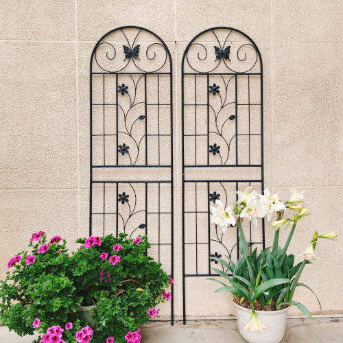 86.7 in. Black Iron Garden Trellis Outdoor Climbing Plant/Flower Support (2-Pack) Butterfly and Flower Design