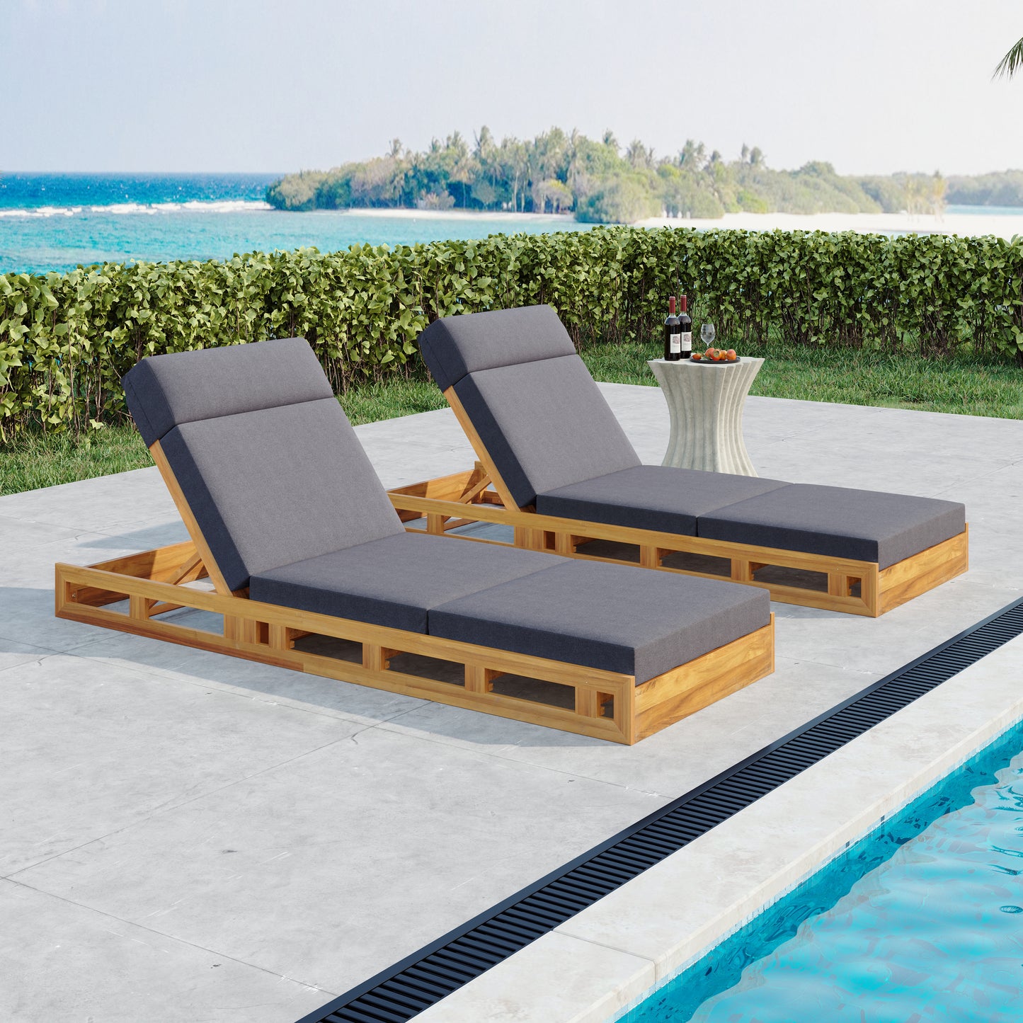 LOUNGE CHAISE SET WITH HEADREST, ACACIA WOOD WITH WATER-RESISTANT LOUNGE CUSHIONS (DARK GREY & 3-FOLD & 4 inch) - MATCHING CREAM/BEIGE VERSION AVAILABLE
