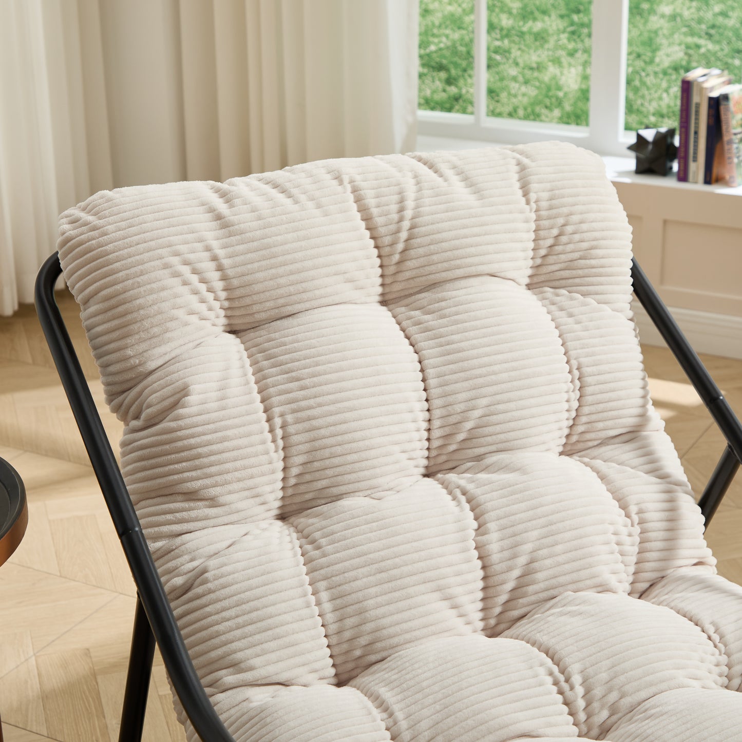 Outdoor Rocking Chair, Comfy Cushion, with Soft Thick Cushion,for Living Room, Bedroom, Reading Room, Black Frame with White Cushion