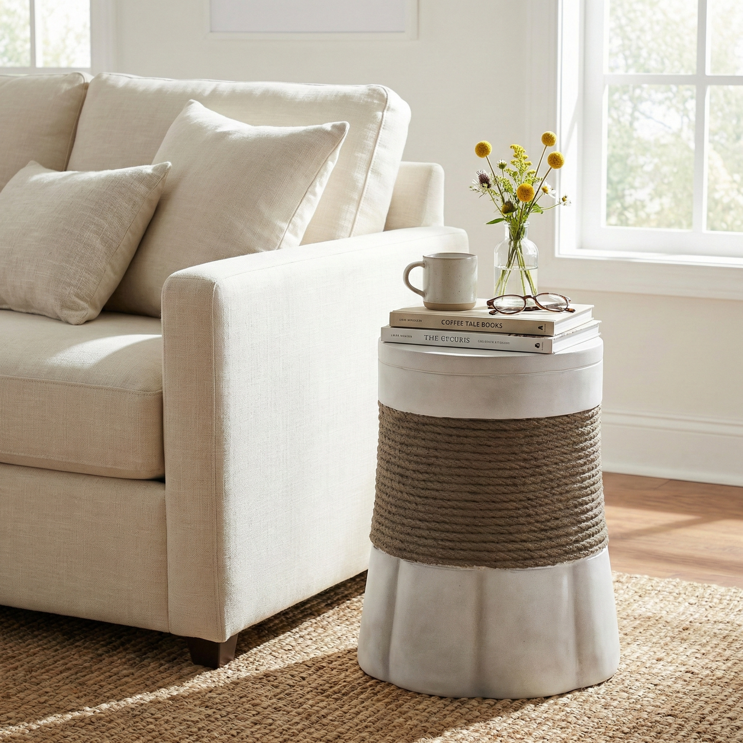 Outdoor Light Gray & Brown Retro Woven Rope & Fan-Base MGO Side Table – End Table for Home, Office, Living Room & Outdoor