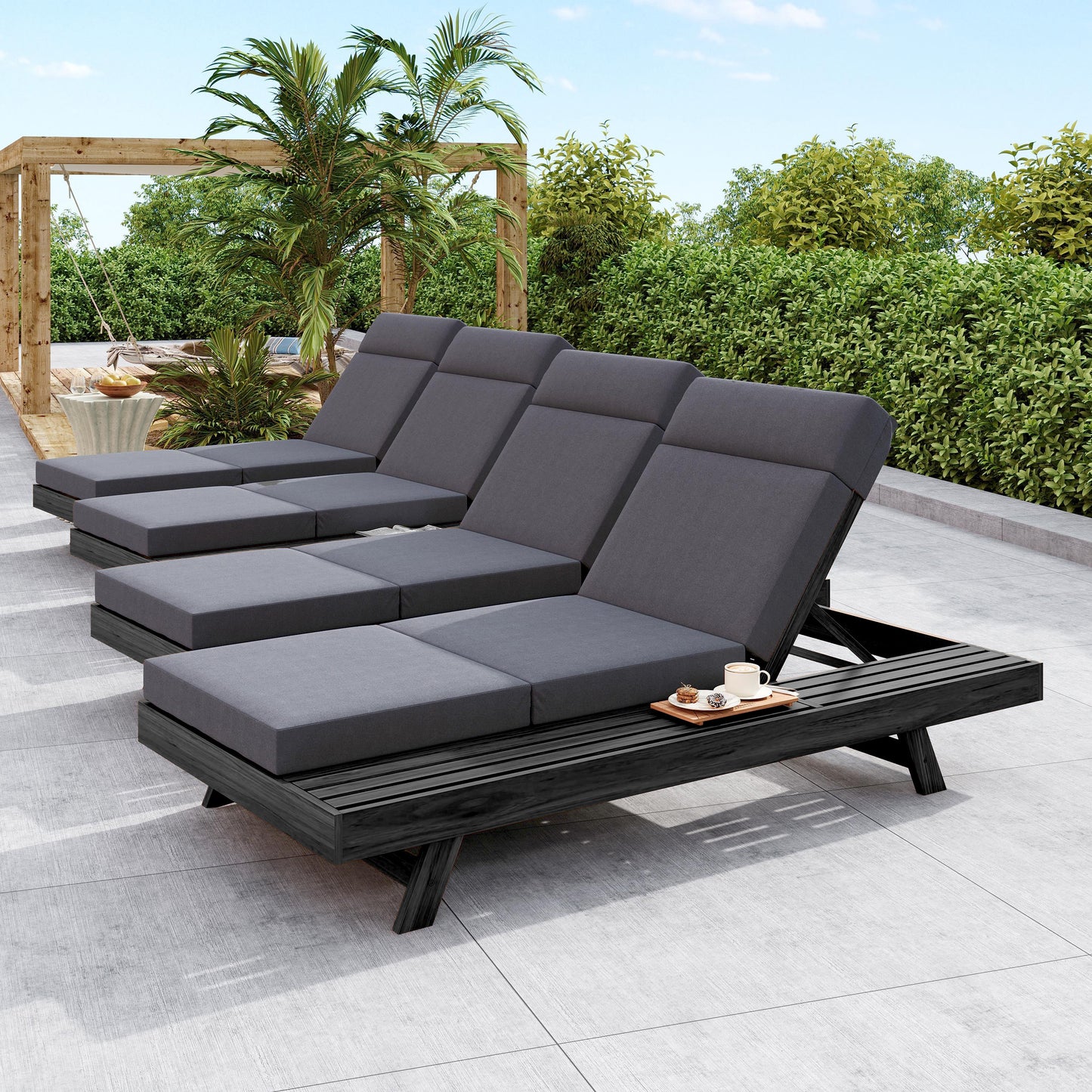 Lounge Chaise Set With Headrest, Space Available On One Side, Acacia Wood In Black With Water-Resistant Lounge Cushions (Dark Grey & 3-Fold & 4 Inch) – Matching Cream/Beige Version Available
