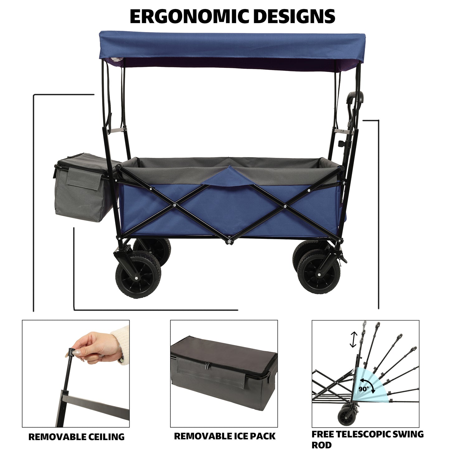 480Lbs Collapsible Wagon with Canopy,Wagon Stroller with 7" All-Terrain Wheels, Lightweight Foldable Wagon, Large Capacity for Camping, Shopping, Sports, and Garden Use, Dark blue with mosquito net