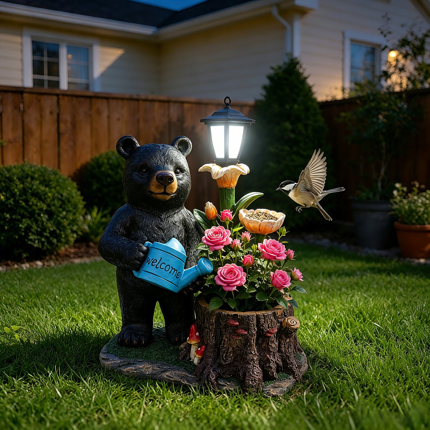Standing Black Bear Garden Planter with Decorative Solar Lantern - Whimsical Polyresin Wildlife Flower Pot for Porch & Patio Decor