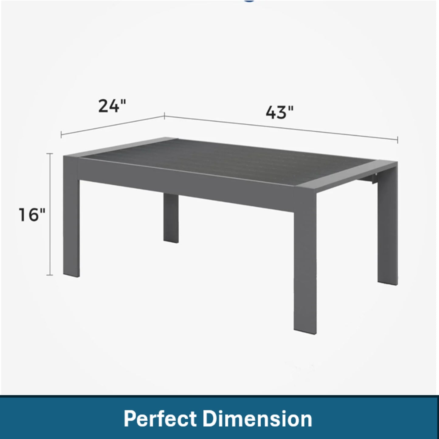 43" All-Weather Aluminum Patio Coffee Table, Modern Gray Rectangle Outdoor Table