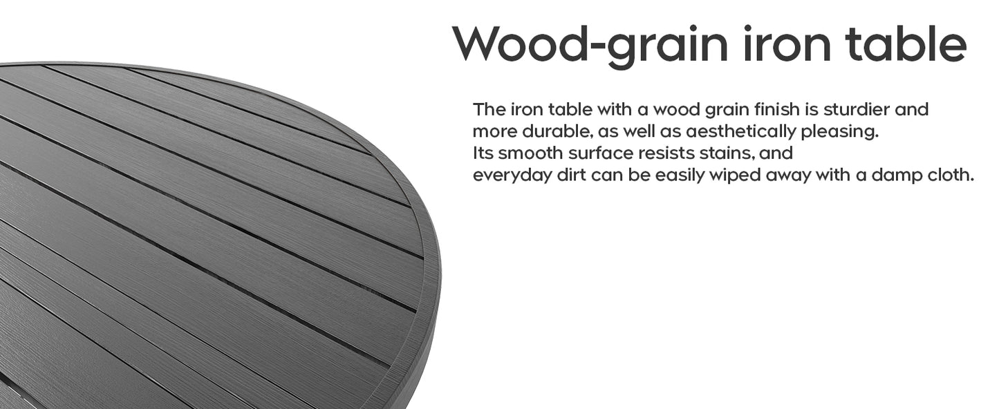 Round Faux Wood Slat Patio Table 47" with Umbrella Hole, Realistic Wood Grain Top + Matte Black High-Quality Iron Legs, Rust-Resistant Outdoor Dining Table for Garden Patio Balcony