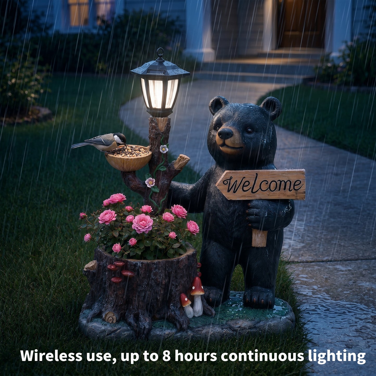 Decorative Standing Black Bear Garden Planter with Solar-Powered Lantern - Polyresin Bear Figurine and Flower Pot for Outdoor Lawn & Yard Decor