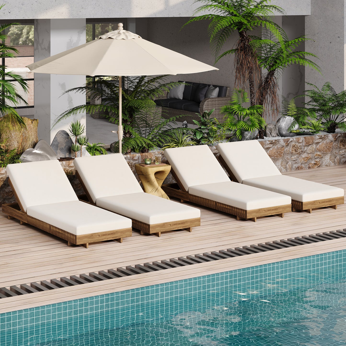 LOUNGE CHAISE SET, ACACIA SOLID WOOD WITH  LOUNGE CUSHION (Cream) - Matching Dark Grey Version Available