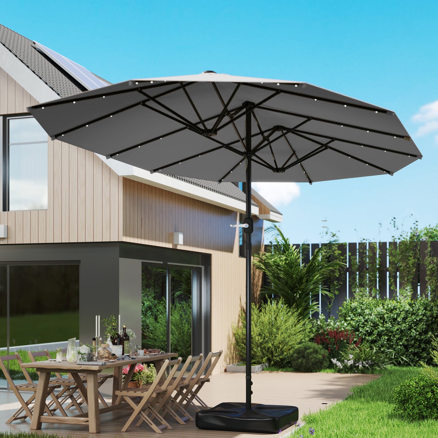 Outsunny Double-Sided Sun Umbrella, Outdoor Garden Parasol, Patio Sun Shade with LED Solar Light, Sand Base, Gray