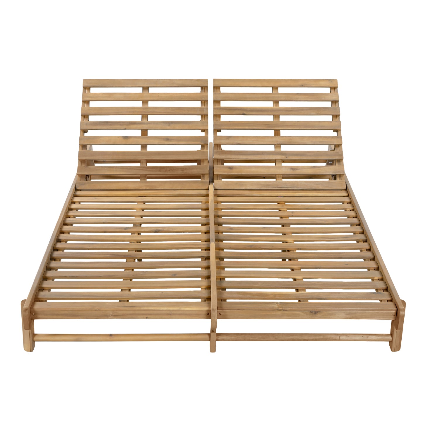 Light Teak Acacia Wood Double Chaise Lounger Set: 1 Frame + 2 Cream Cushions, 800 lbs Capacity, 3-Position Adjustable Backrest, 4" Thick 3-Fold Water-Resistant Cushions for Patio Poolside Backyard