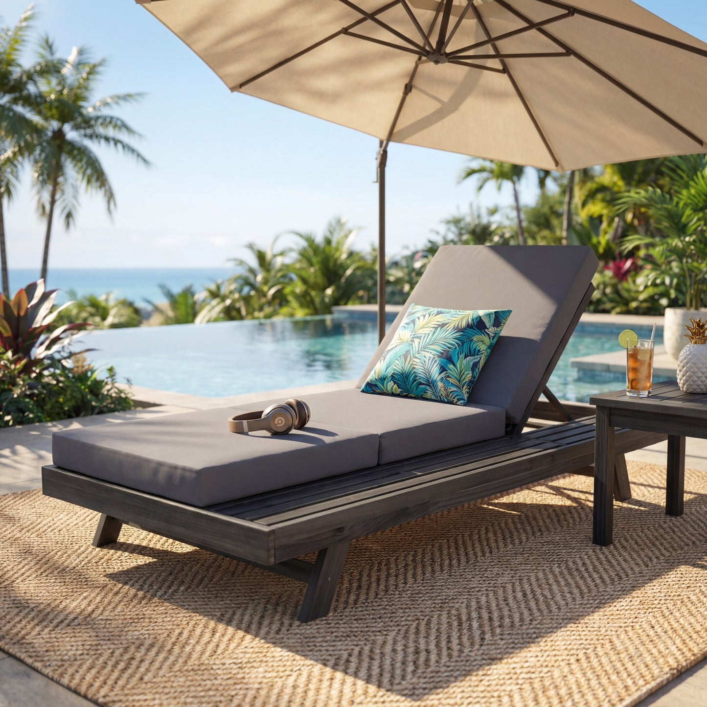 Lounge Chaise Set, Space Available On One Side, Acacia Solid Wood In Black With Lounge Cushion (Dark Grey & Triple Fold) – Matching Cream Version Available
