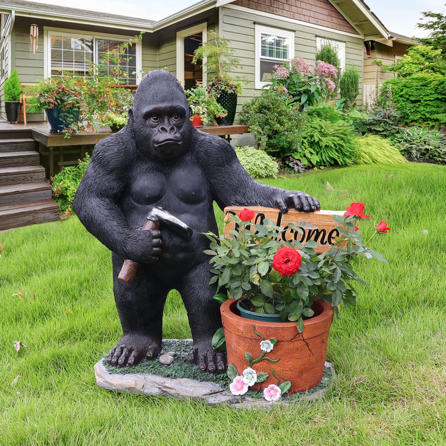 Outdoor Garden Sculpture Chimpanzees  Flower Pot Planter - Unique Yard Statue Decoration, Interesting Law Outdoor Ornament