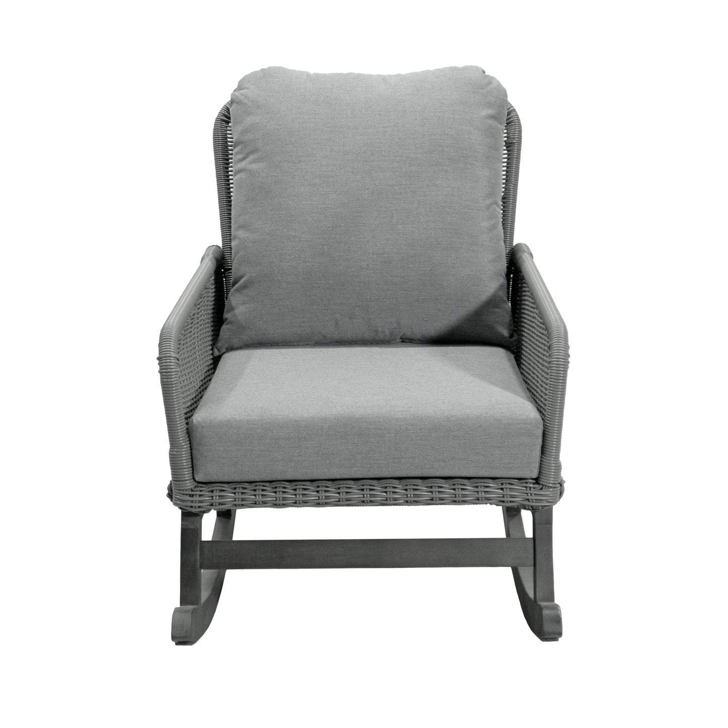 Contemporary Minimalist Gray Wicker Rocking Chair with Soft Polyester Cushions and Durable Wooden Frame, Perfect for Indoor and Outdoor Spaces like Patio, Balcony, or Living Room