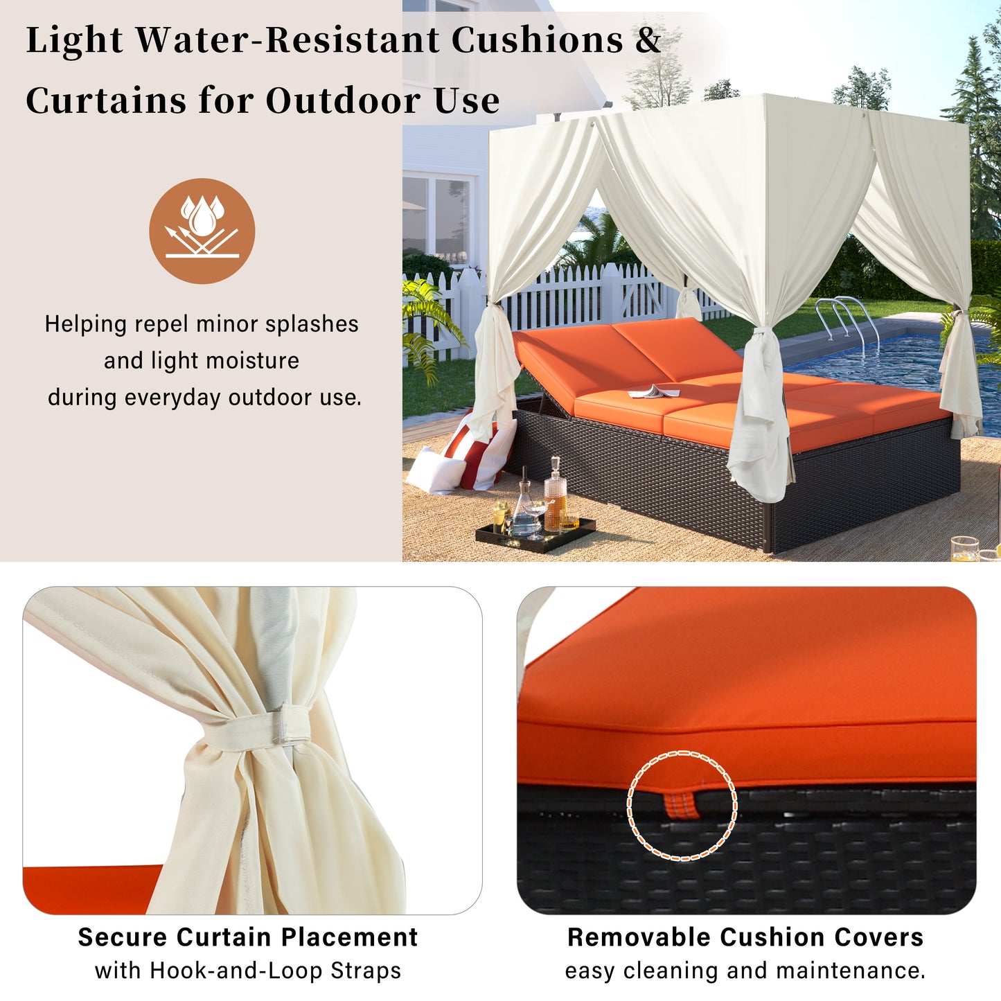 U_STYLE Outdoor Double Chaise Lounge Daybed with Curtains,Patio Outdoor Sunbed with Adjustable Backrest, Sturdy Steel Frame Loveseat Sofa for Backyard,Poolside, Terrace