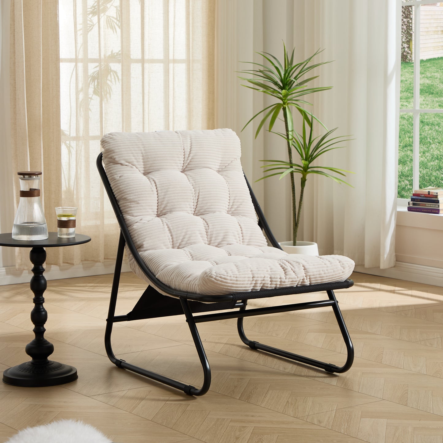 Patio Outdoor Lounge Chair with Ottoman, Comfy Sling Recliner Chair with Puffy Cushion and Foot Stool, Ideal for Living Room, Bedroom, Reading Room, Black frame with white cushion