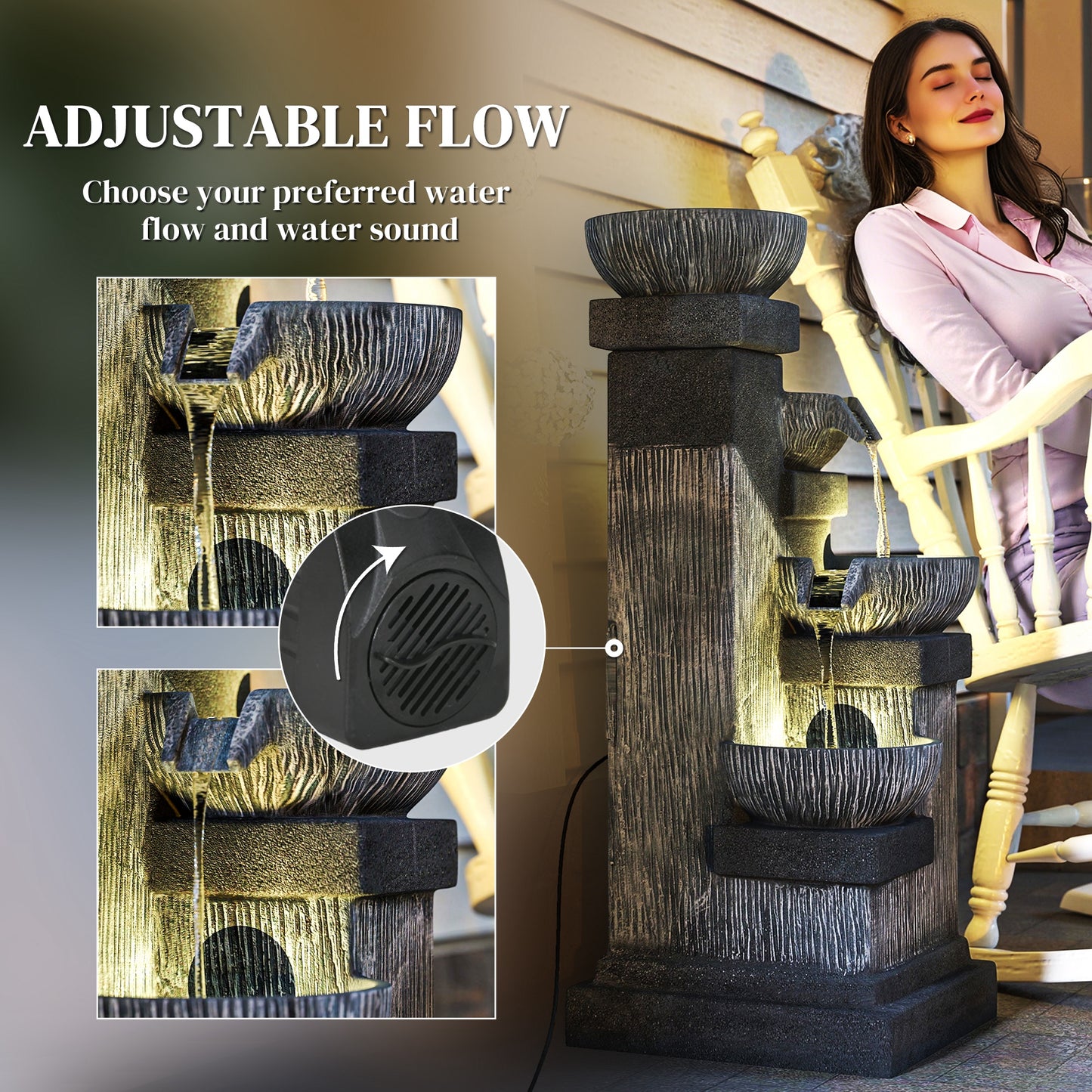 Outsunny 33.5" Outdoor Water Fountain, 4-Tier Floor Standing Resin Cascading Bowls Waterfall Fountain with LED Lights, Pump