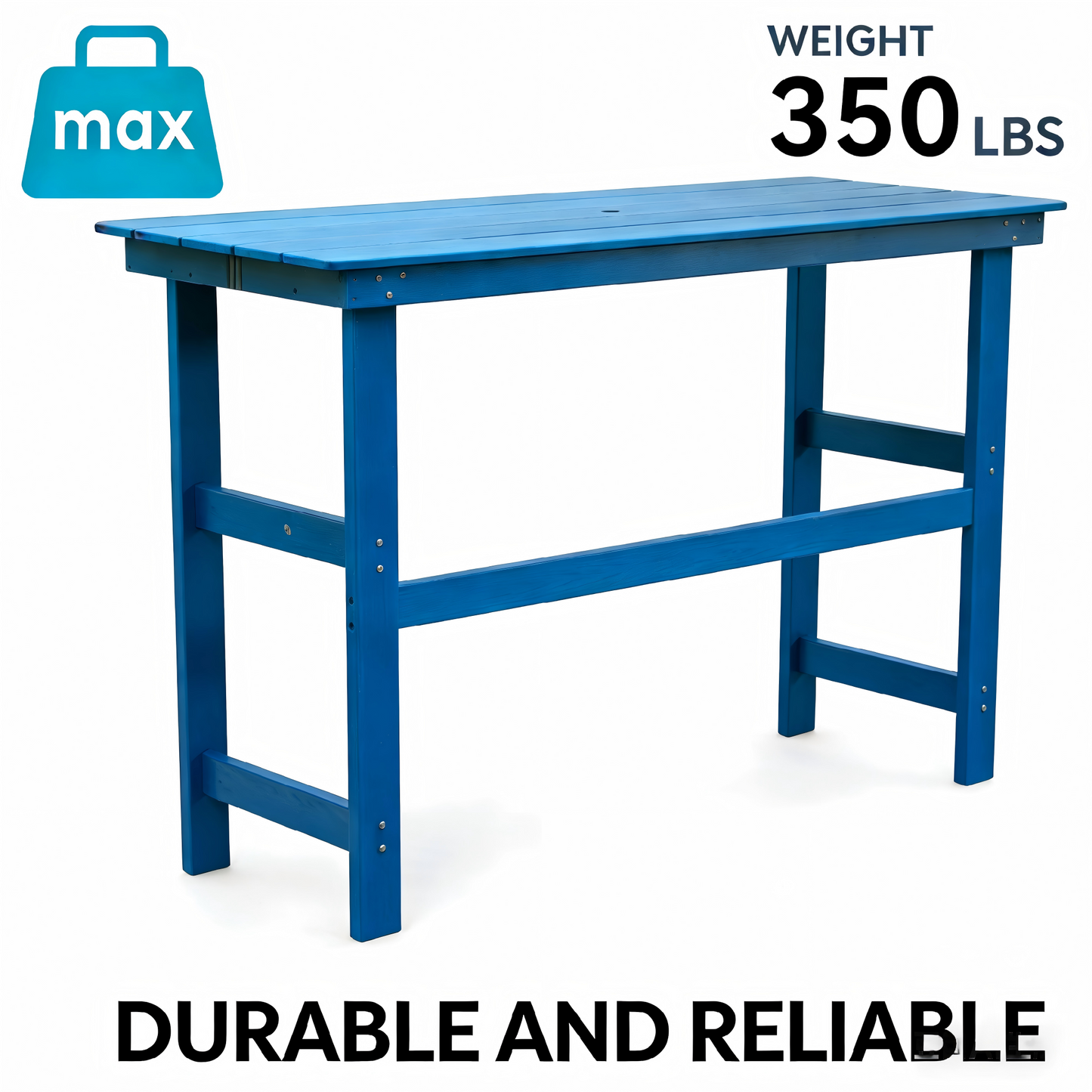 HDPE type outdoor dining and bar table is very practical. It is suitable for lawns, gardens, backyards and pool sides. Navy blue, and it is waterproof and corrosion-resistant.All Weather,