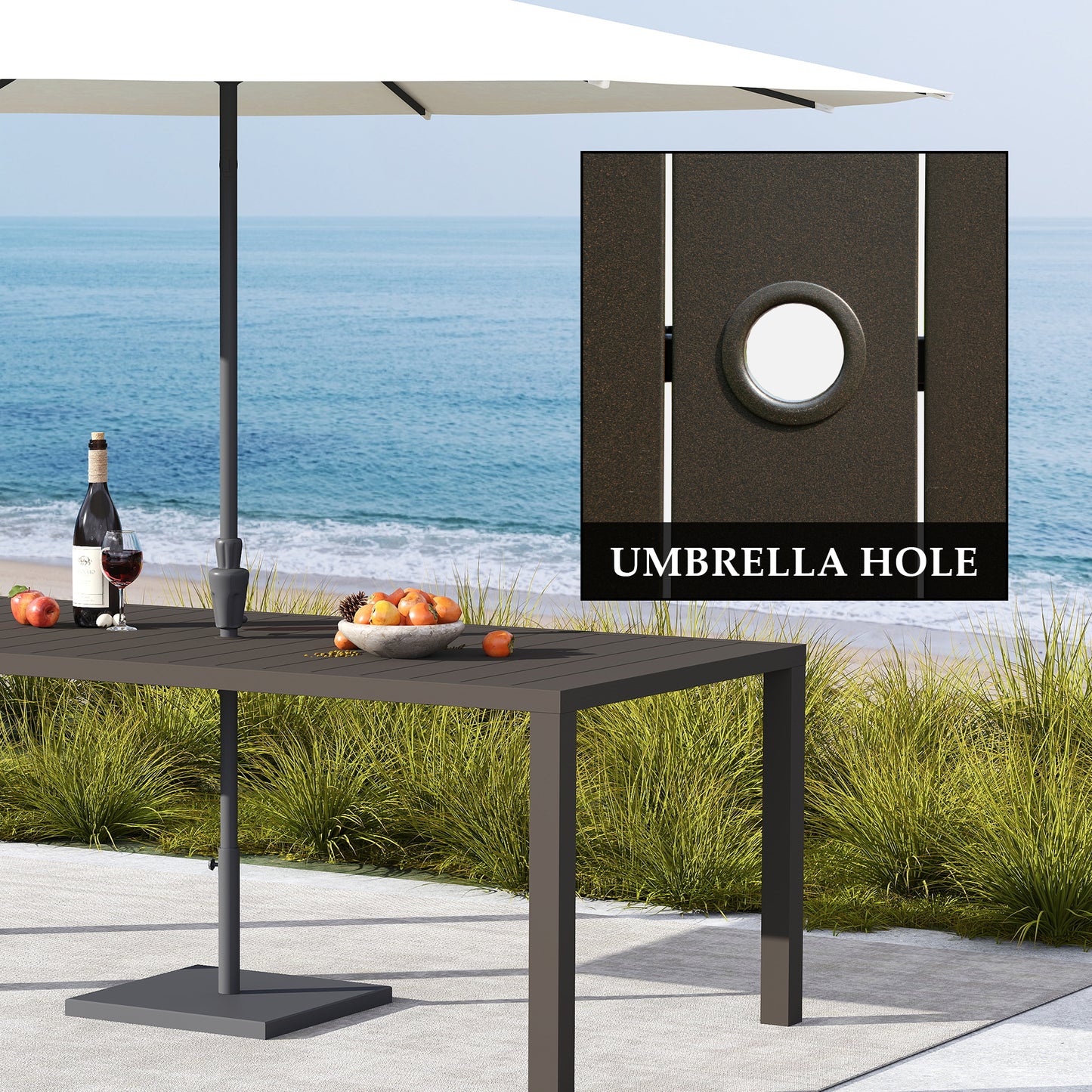 Outdoor Dining Table for 8 Person,Square Slatted Metal Patio Table for Deck Garden Lawn Backyard Use with Umbrella Hole, Brown
