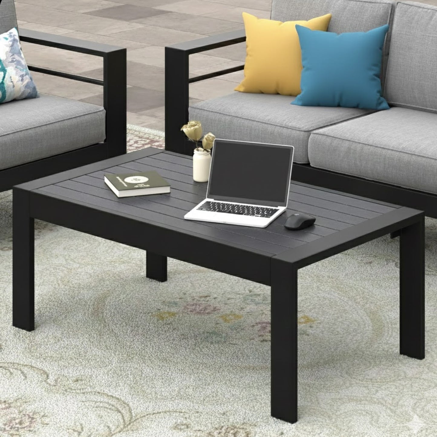 43" All-Weather Aluminum Patio Coffee Table, Modern Black Rectangle Outdoor Table