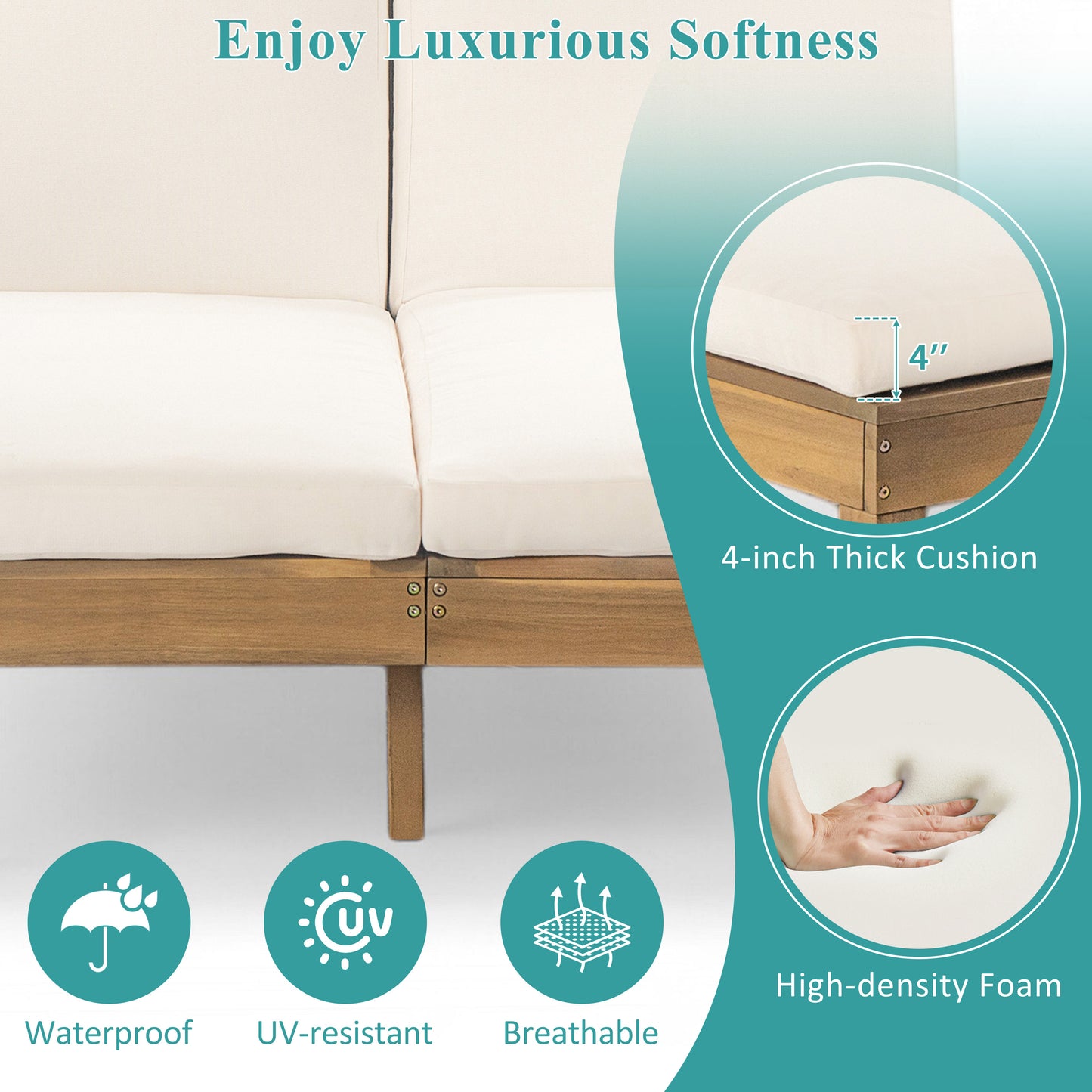 TREXM 5-Position Adjustable Backrest Double Chaise Lounge Outdoor, Outdoor Chaise Lounge with Cushion and Folding Side Trays for 2 People, Patio Double Chaise Lounge for Poolside Garden, Light Teak