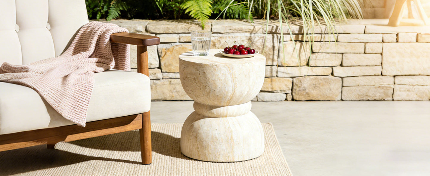 U_Style Outdoor Concrete Side Table,Rounded Waist Outdoor End Tables, Decorative Garden Stools for Indoor Outdoor With Imitation Natural Stone Texture Patio Accent Side Table