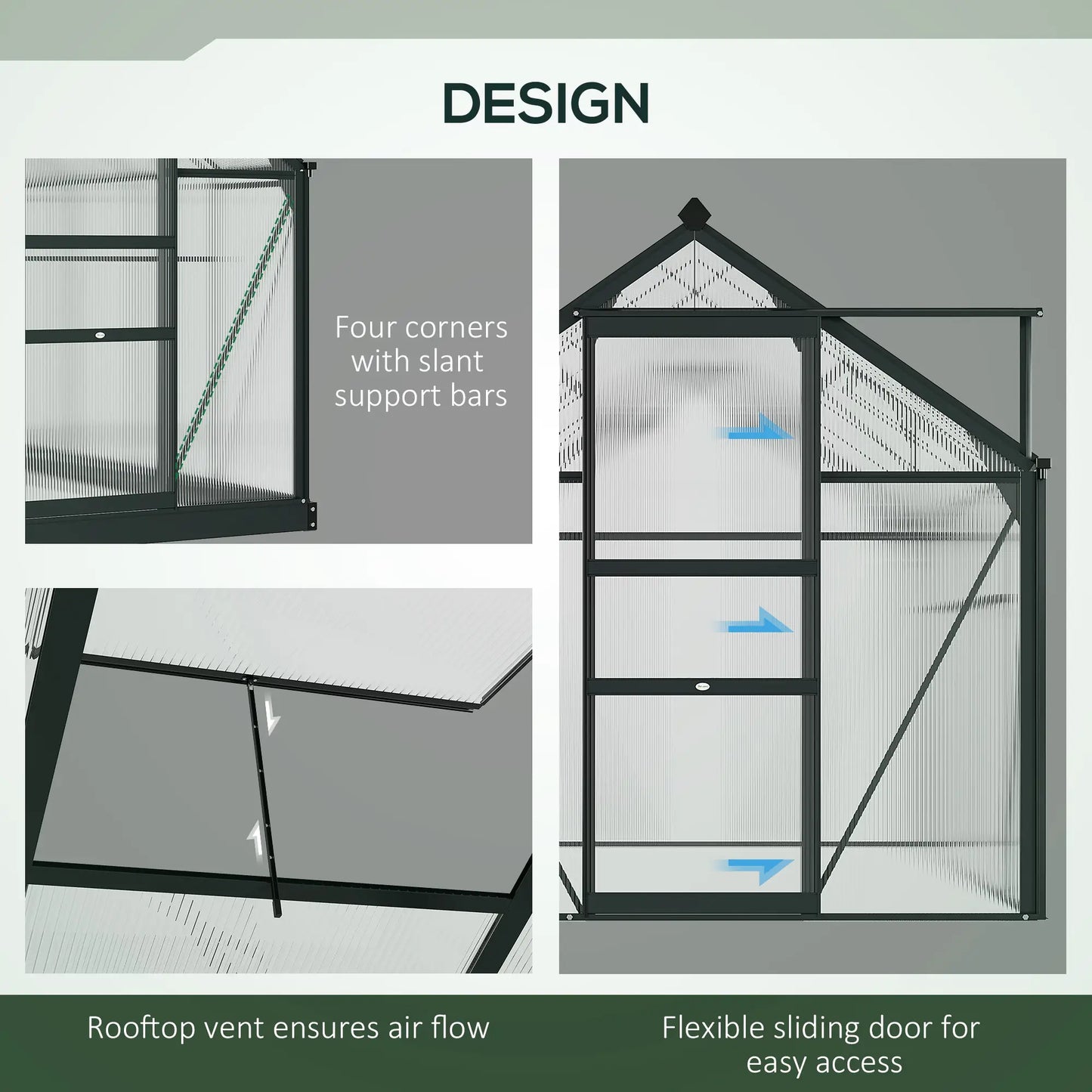 6.2'x8.3'x6.6' Gray Outdoor Aluminum Walk-in Polycarbonate Greenhouse