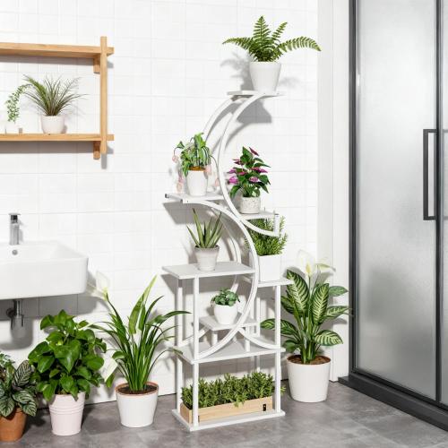 White 8-Tier Fir Wood Plant Stand, Metal Plant Rack, Indoor Outdoor Plant Shelf for Living Room, Balcony, Patio