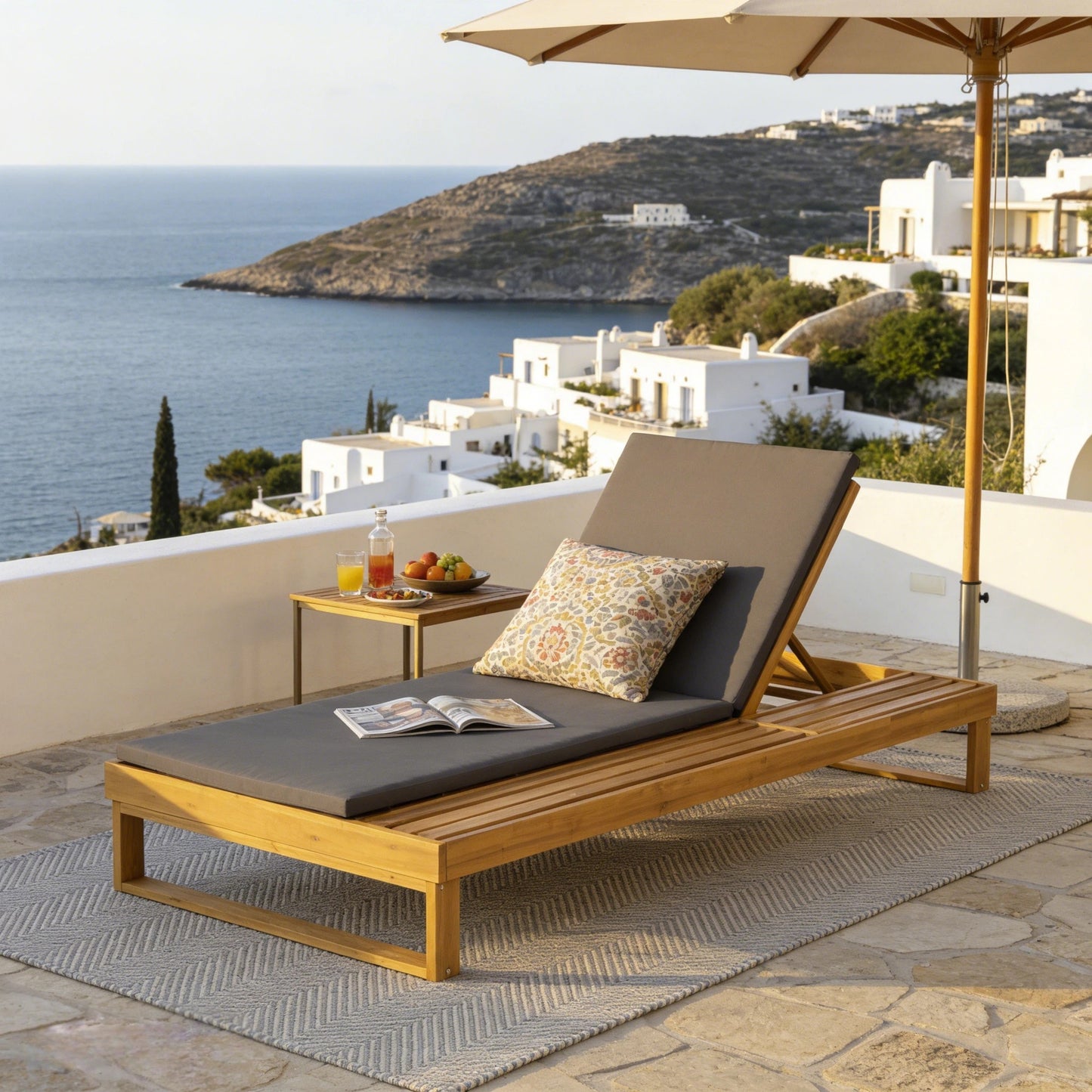 Teak Finish Acacia Wood Chaise Lounge with 1.57-Inch Dark Gray 2-Fold Cushion Set, 4-Position Adjustable with Flat Side Surface, for Poolside - Matching cream,leaf coconut version available