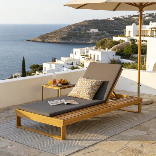 Teak Finish Acacia Wood Chaise Lounge with 1.57-Inch Dark Gray 2-Fold Cushion Set, 4-Position Adjustable with Flat Side Surface, for Poolside - Matching cream,leaf coconut version available